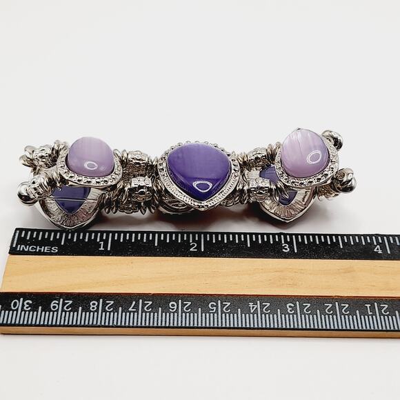 Purple Lavender Silver Stretch Bracelet Teardrop Cabochon 7” Elegant - Picture 8 of 8